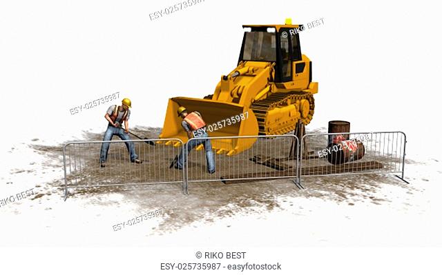 wheel loaders bulldozers and construction workers on construction site isolated on white background