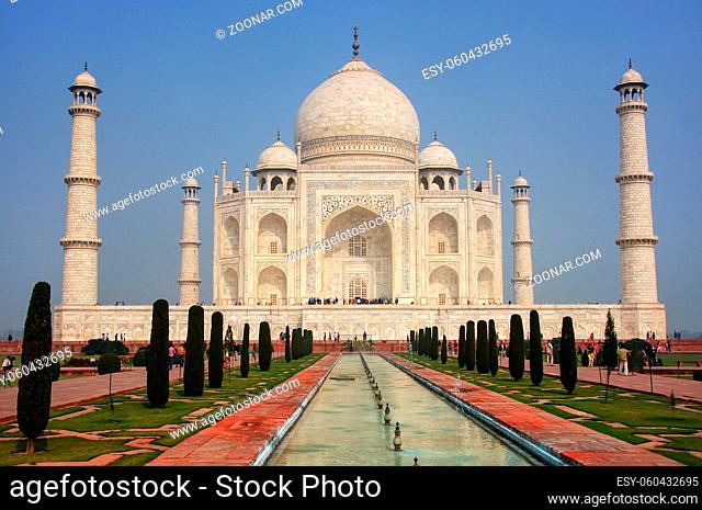 Taj Mahal with reflecting pool in Agra, Uttar Pradesh, India. It was build in 1632 by Emperor Shah Jahan as a memorial for his second wife Mumtaz Mahal