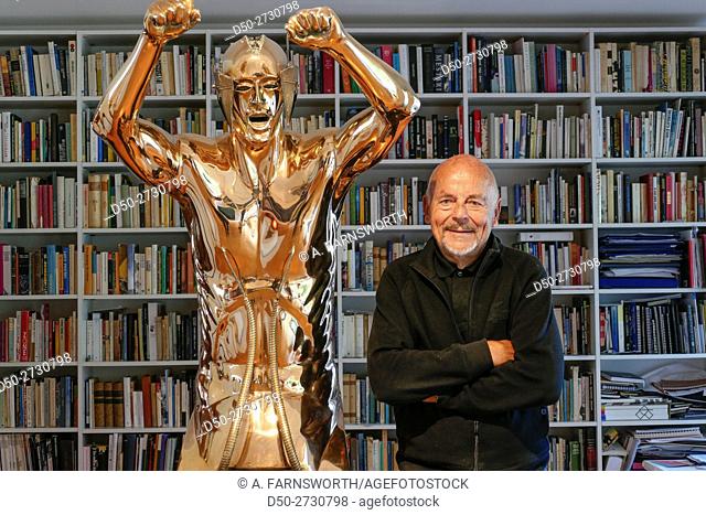 Famous sculptor and goldsmith Björn Weckström in his home with his art, Helsinki, Finland