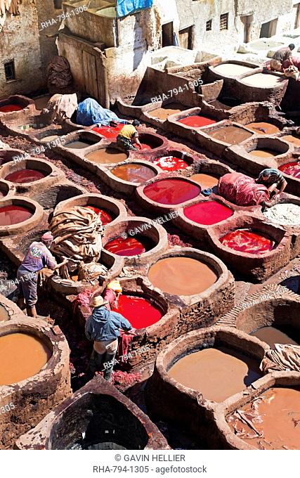 Vats for tanning and dyeing animal hides and skins, Chouwara traditional leather tannery in Old Fez, Fez, Morocco, North Africa, Africa