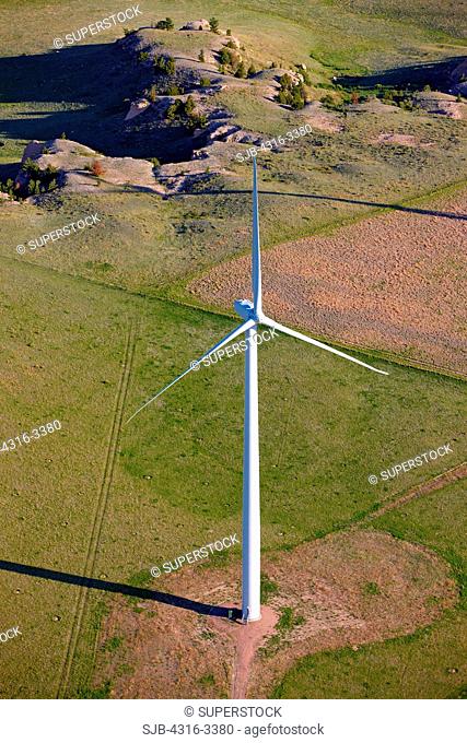 An aerial view of a wind turbine at the Cedar Creek Wind Farm, near Grover, Colorado