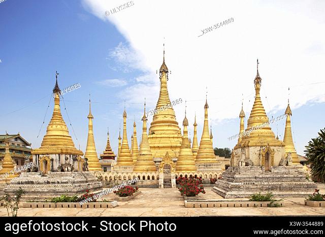 Goldes stupas of Kan Tu Kyaung monastery, Pindaya village, state of Shan, Myanmar, Asia