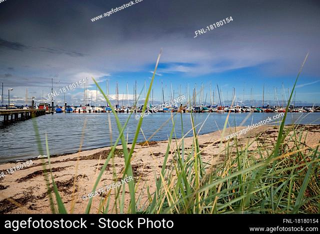 View from the beach to the marina of Bockholmwik at the Flensburg Fjord. The boats are shining in the September sun, but lead-gray rain clouds are already...