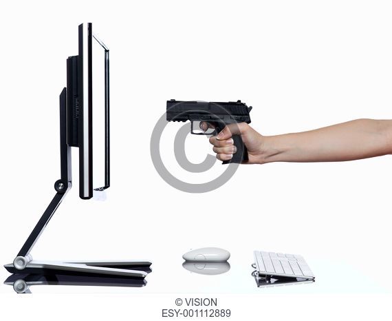 communication between human hand and a computer display monitor on isolated white background expressing failure gun shoot concept