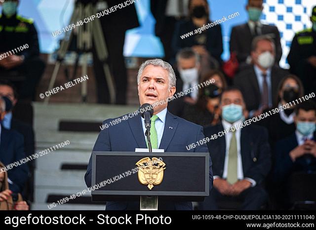 Colombia's president, Ivan Duque Marquez gives a speech during an event were Colombia's president Ivan Duque Marquez and Colombia's Minister of Defense Diego...