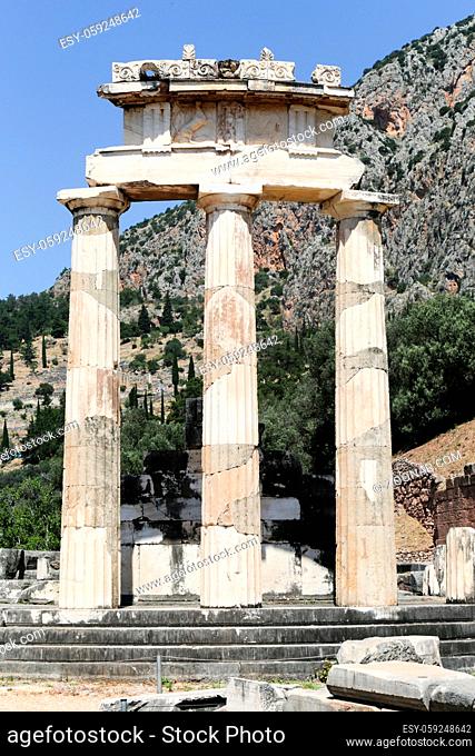The ruins in Delphi, an archaeological site in Greece at the Mount Parnassus. Delphi is famous by the oracle at the sanctuary dedicated to Apollo