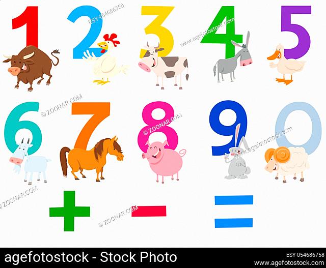 Cartoon Illustration of Numbers Set from Zero to Nine with Happy Farm Animal Characters
