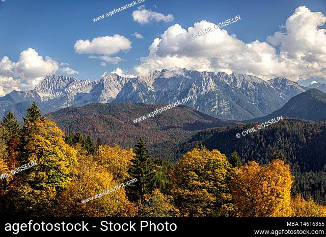 View from Eckbauer to Karwendel mountains in autumn. Garmisch-Partenkirchen, Bavaria, Germany