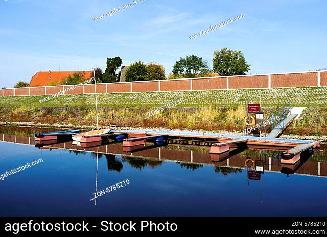 Marina with a flood protection wall in Stiepelse, Amt Neuhaus, Lower Saxony, Germany