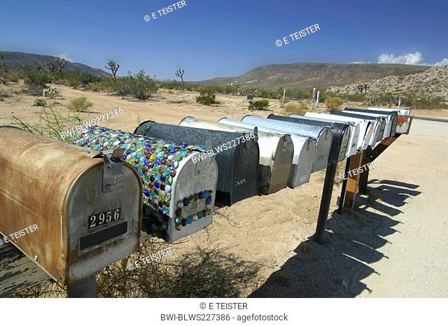 mail boxes at a road in the desert landscape close to Joshua Tree, USA, California, San Bernardino County