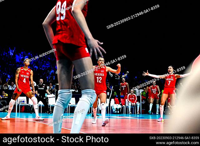 Vargas Melissa Teresa (4) of Turkey , Sahin Elif (12) of Turkey., Baladin Hande (7) of Turkey pictured during a Volleyball game between the national women teams...
