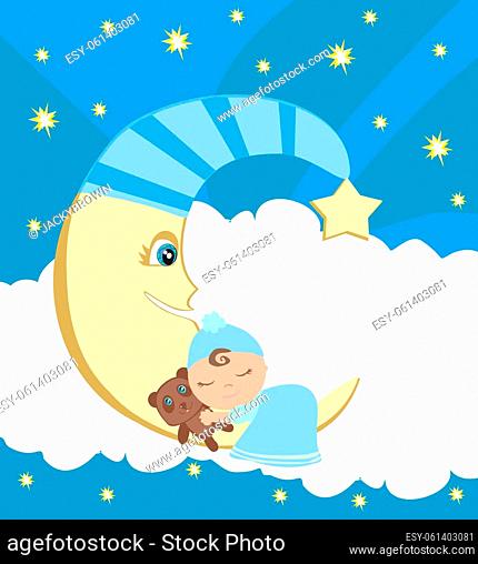 Cute little boy sleeping on moon