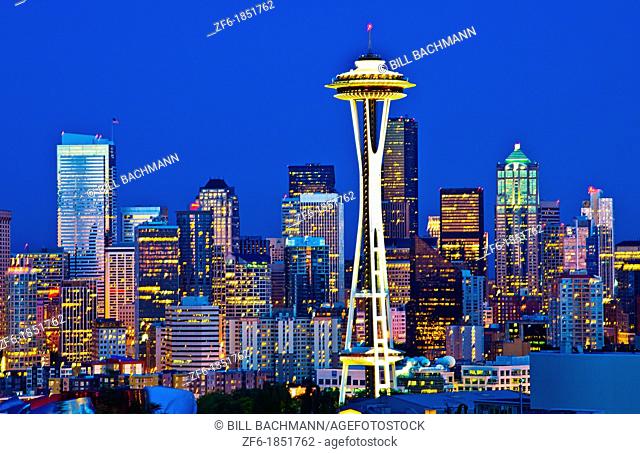 Seattle Washington skyline from Queen Annes Hill with Space Needle and city at night exposure