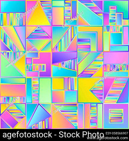 Abstract Gradient Seamless Pattern of Simple Geometric Figures Blue, Lilac, Pink, Violet, Yellow Squares. Universal Graphic Continuous Background of Pastel...