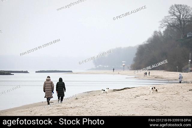 18 December 2023, Schleswig-Holstein, Schilksee: Walkers with dogs are out and about in a light drizzle on the beach at Schilksee near Kiel