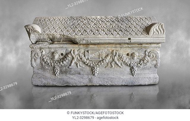 Roman relief sculpted garland sarcophagus with pitched tile sculpted roof, 3rd century AD. Adana Archaeology Museum, Turkey