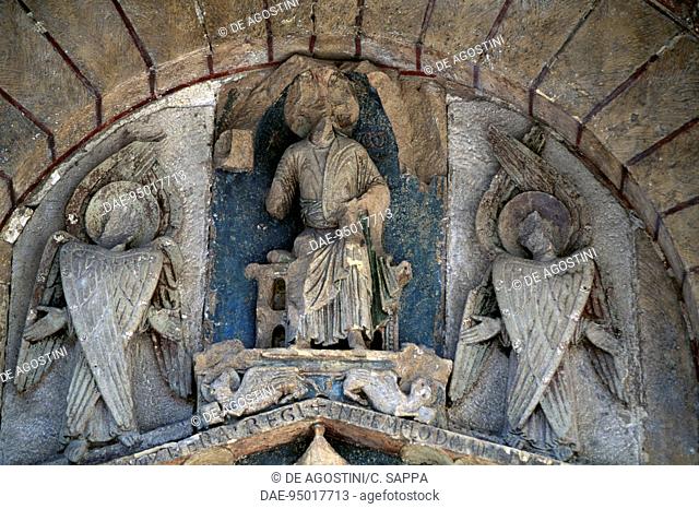 Relief on the tympanum of the south entrance, Basilica of Notre-Dame du Port, Clermont-Ferrand, Auvergne-Rhone-Alpes, France, 11th-12th century