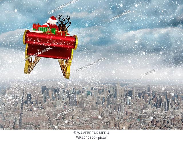 3D Santa claus riding reindeer sleigh above the city