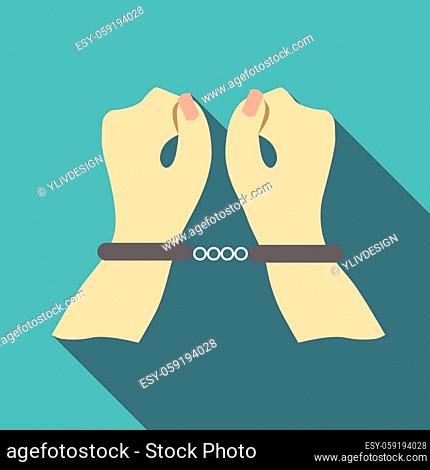 Pair of hands in handcuffs icon. Flat illustration of pair of hands in handcuffs vector icon for web isolated on baby blue background
