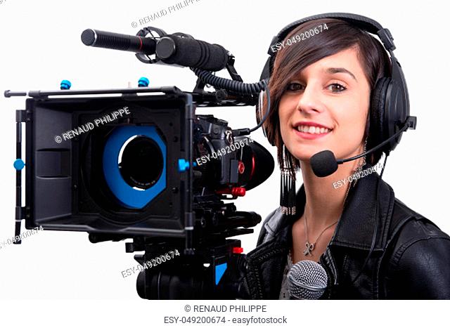 pretty young woman journalist with microphone in television studio isolated on white