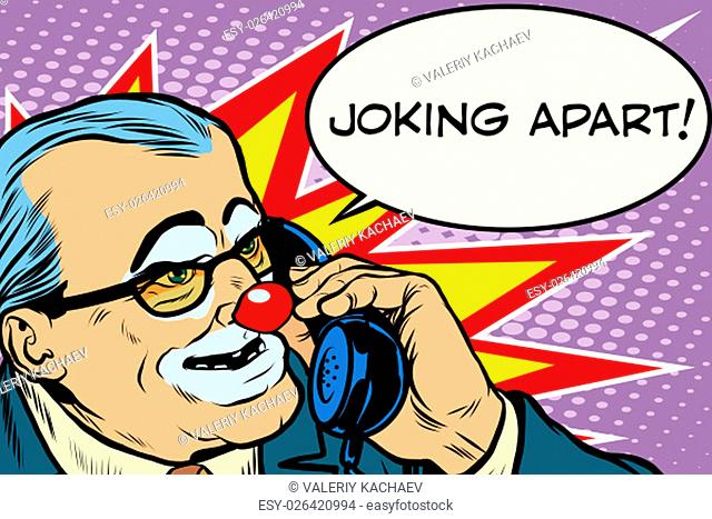 evil clown boss joking apart pop art retro style. Prank call