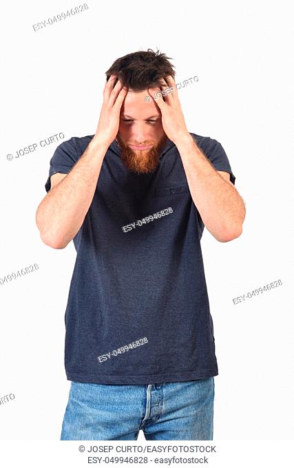 man with headache on white background