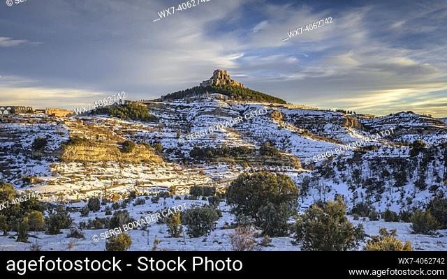 Morella medieval city in a winter sunset, after a snowfall (Castellón province, Valencian Community, Spain)