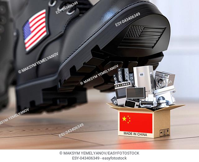 USA China technology war and market conflict. Economic trade war concept. Cardbox with appliance made in China and american military boot above it