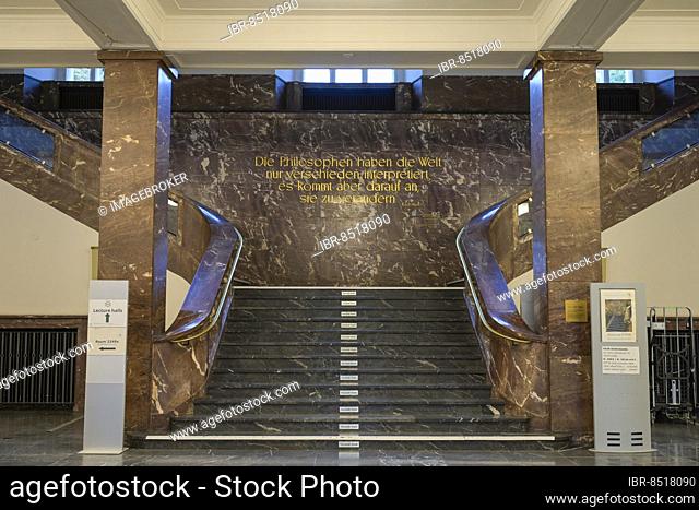 Lettering, Karl Marx quote, staircase, foyer, main building, Humboldt University, Unter den Linden, Mitte, Berlin, Germany, Europe