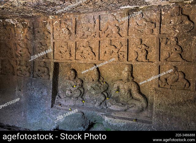 Panhale Kaji or Panhalakaji Caves, District- Sindhudurg, Maharashtra, India : Gaur Lena- Natha siddhi panels with the principal panel depicting Adinatha