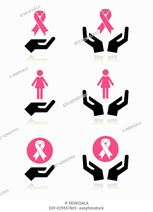Health campaign - breast cancer ribbons set with hands isolated on white