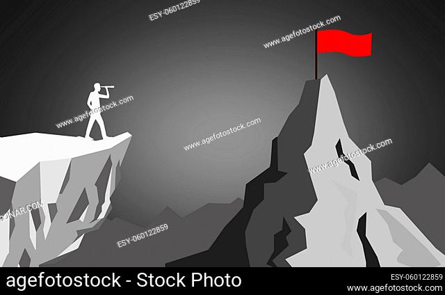 Business strategy concept with telescope looking to the top of a mountain, 3d rendering