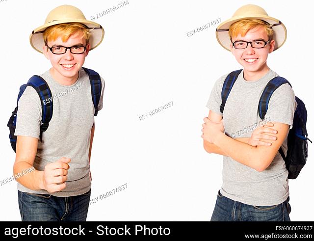 Young boy in cork helmet with backpack