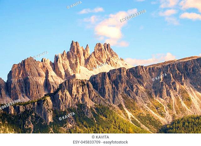 Rocky mountain peaks of Croda da Lago in the Dolomites, Italian Alps