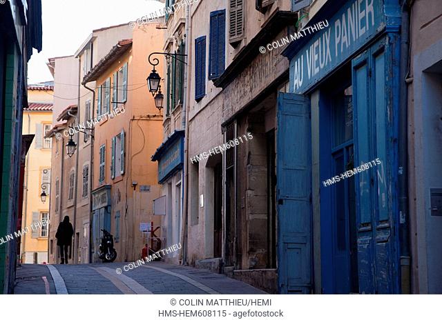 France, Bouches du Rhone, Marseille, Panier District, Rue du Panier, on the foreground old grocery store converted into a guest house decorated by Contemporary...