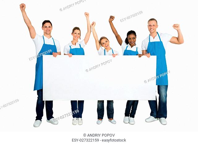 Group Of A Janitors Cheering While Holding Blank Banner On White Background