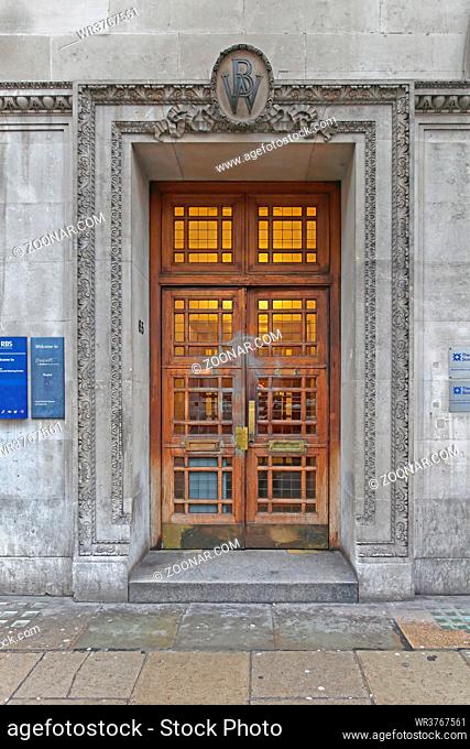 London, United Kingdom - January 28, 2013: Entrance to Royal Bank of Scotland at Mayfair in London, UK