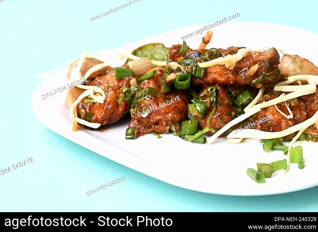 Chilli paneer or Spicy cottage cheese, Garnish with capsicum, onion, cabbage and spring onion, favourite indian starter menu, served in white Dish