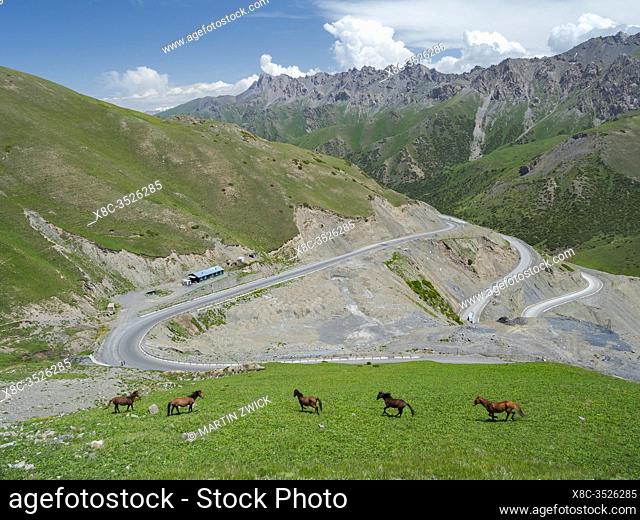 Taldyk mountain pass. Landscape along the Pamir Highway. The mountain range Tian Shan or Heavenly Mountains. Asia, Central Asia, Kyrgyzstan