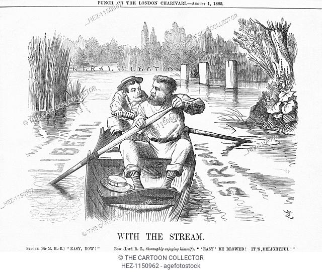 'With the Stream', 1885. The cartoon depicts the new Conservative administration rowing in the 'Liberal stream' towards a General Election