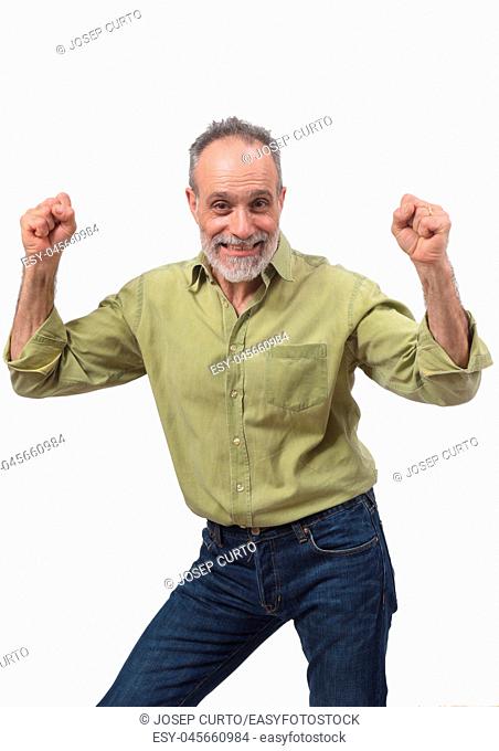man raising her arms and smiling in victory sign on white background