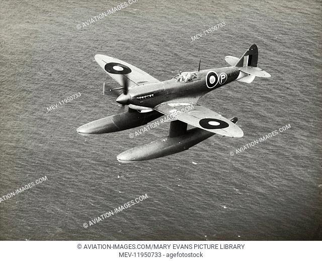Prototype of Royal Air Force RAF Supermarine Spitfire 9 Floatplane Flying Enroute over Water