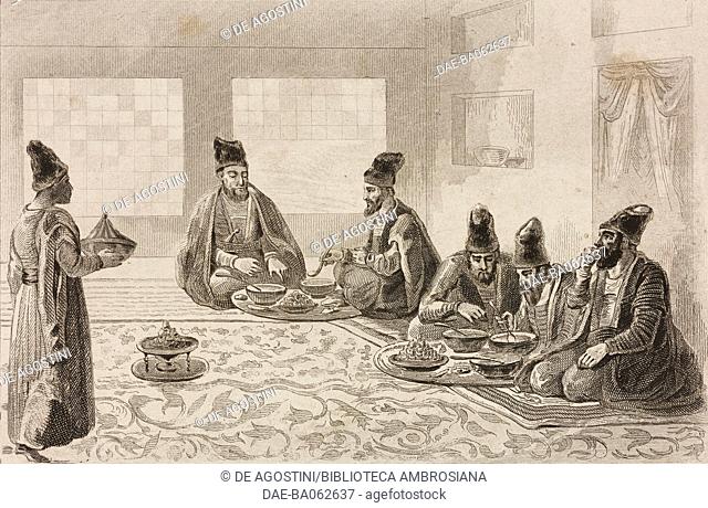 Persian lunch, Iran, engraving by Monnin after a painting from La Perse by Louis Dubeux (1798-1863), L'Univers pittoresque, published by Firmin Didot Freres