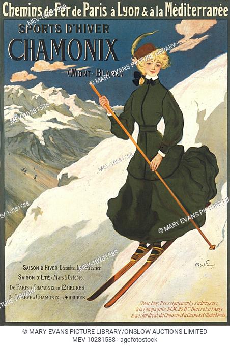 Poster for French railways advertising Chamonix and Mont Blanc in eastern France, for winter sports including skiing