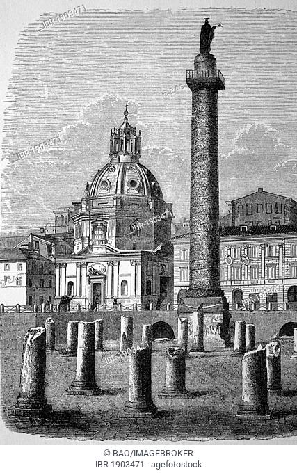 Trajan's Column in Rome, Italy, historical woodcut, circa 1880