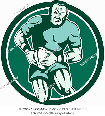 Illustration of a rugby player holding ball running charging attacking viewed from front set inside circle on isolated background done in retro style