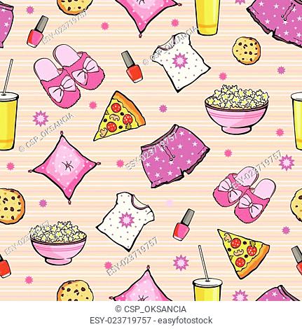 Vector Pink Slumber Party Food Objects Seamless Pattern. Pizza. Popcorn. Pajamas. Treat
