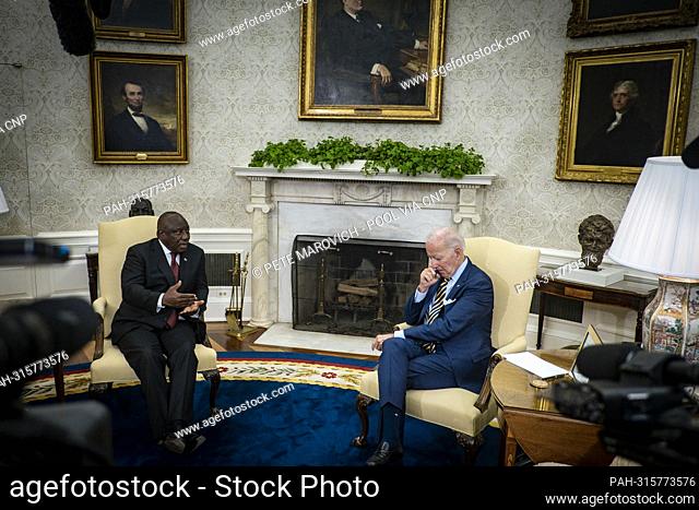 United States President Joe Biden holds a bilateral meeting with President Cyril Ramaphosa of South Africa in the Oval Office of the White House in Washington