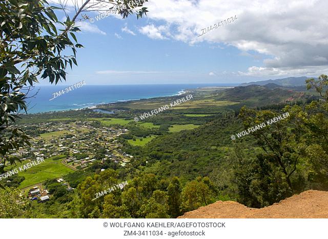 View of Kapaa from the Sleeping Giant hiking trail, also known as Nounou Mountain, a mountain ridge located west of the towns Wailua and Kapaa in the Nounou...