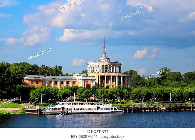 Marine station in Russia in the city of Tver with the boat on the river Volga